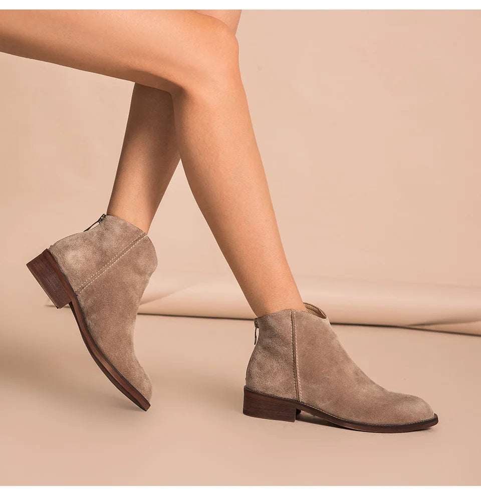 BEAUTODAY Suede Ankle Boots Women Soft Cow Leather Back Zip V-shape Ladies Autumn Winter Boots Handmade 03274 Pi-Mart