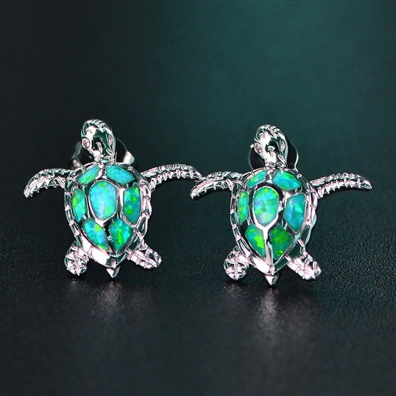 Cute Sea Turtle Stud Earring For Women Fashion Imitation Blue Fire Opal Screw Back Earrings For Women Wedding Band Jewelry Gifts Pi-Mart