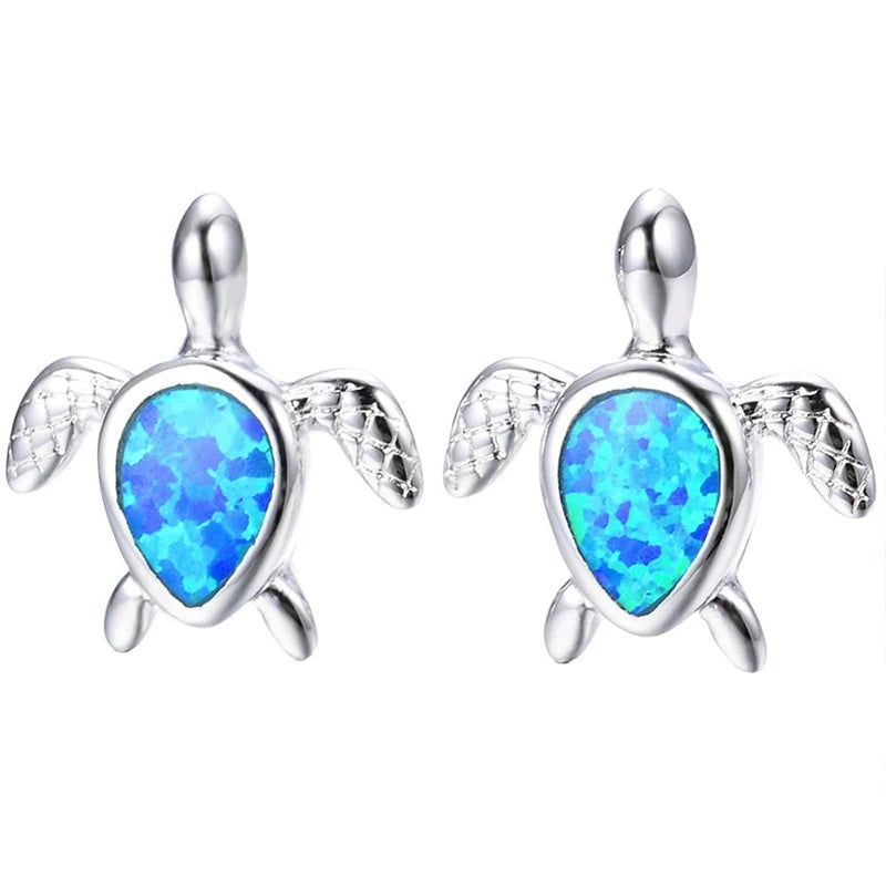 Cute Sea Turtle Stud Earring For Women Fashion Imitation Blue Fire Opal Screw Back Earrings For Women Wedding Band Jewelry Gifts Pi-Mart