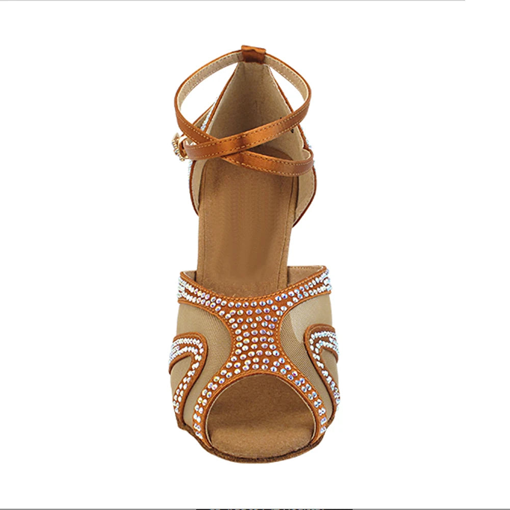 Evkoodance Women's Sexy Brown Rhinestone Latin Dance Shoes Satin Mesh 7cm Heel Salsa Ballroom Tango Practice Dancing Party Shoes Pi-Mart