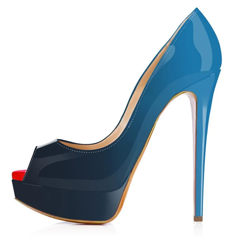 Women Pumps Sexy Platform Peep Toe 14cm Extremely Thin High Heels Stiletto Patent Leather Fashion Party Nighclub Wedding Shoes Pi-Mart