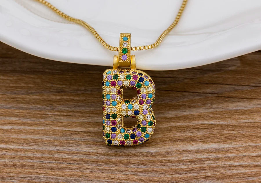 Nidin Fashion Luxury 26 Letters Copper Zircon Pendant Necklace for Women Rainbow Initials Name Necklace Wedding Party Jewelry Pi-Mart