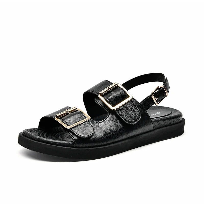 BeauToday Casual Sandals Women Genuine Leather Metal Ankle Buckle Strap Summer Beach Ladies Low Heel Sport Shoes Handmade 38128 LadyShow.Store