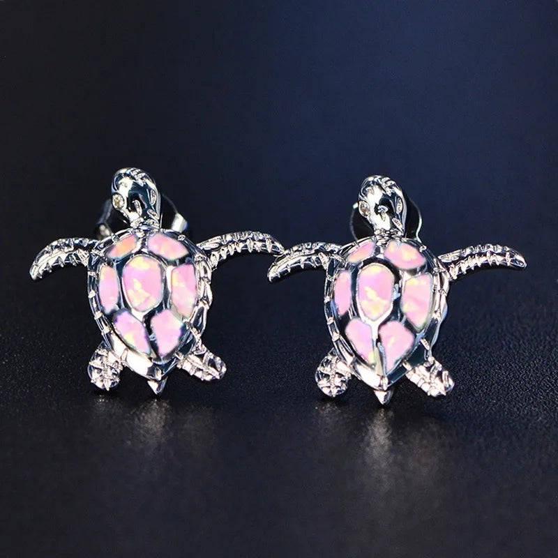 Cute Sea Turtle Stud Earring For Women Fashion Imitation Blue Fire Opal Screw Back Earrings For Women Wedding Band Jewelry Gifts Pi-Mart
