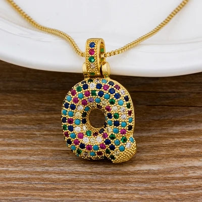Nidin Fashion Luxury 26 Letters Copper Zircon Pendant Necklace for Women Rainbow Initials Name Necklace Wedding Party Jewelry Pi-Mart