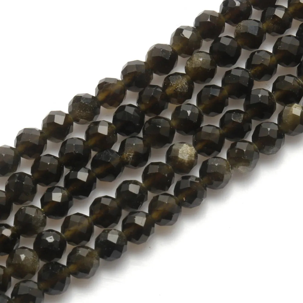 Natural Black Obsidian Stone 2/3/4mm Faceted Loose Round Mineral Beads for Jewelry Making DIY Christmas Gift Bracelets 15inch Pi-Mart