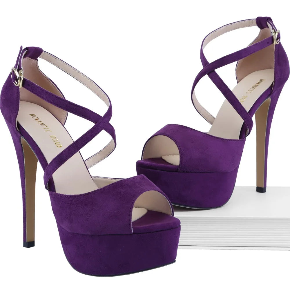 2026 Women Sandals 14CM Platform High Heels Sexy Ankle Strap Sandal Open Toe Stilettos Party Dress Wedding Shoes Plus Size 44 Pi-Mart
