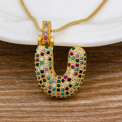 Nidin Fashion Luxury 26 Letters Copper Zircon Pendant Necklace for Women Rainbow Initials Name Necklace Wedding Party Jewelry Pi-Mart