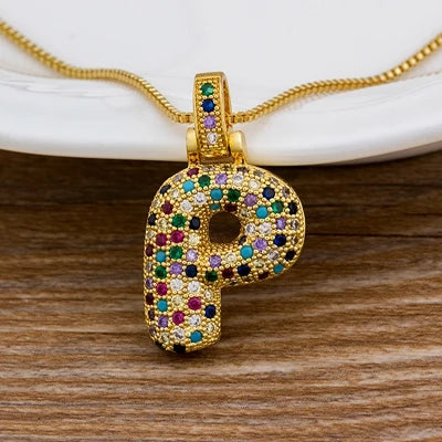 Nidin Fashion Luxury 26 Letters Copper Zircon Pendant Necklace for Women Rainbow Initials Name Necklace Wedding Party Jewelry Pi-Mart