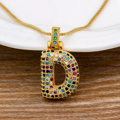 Nidin Fashion Luxury 26 Letters Copper Zircon Pendant Necklace for Women Rainbow Initials Name Necklace Wedding Party Jewelry Pi-Mart
