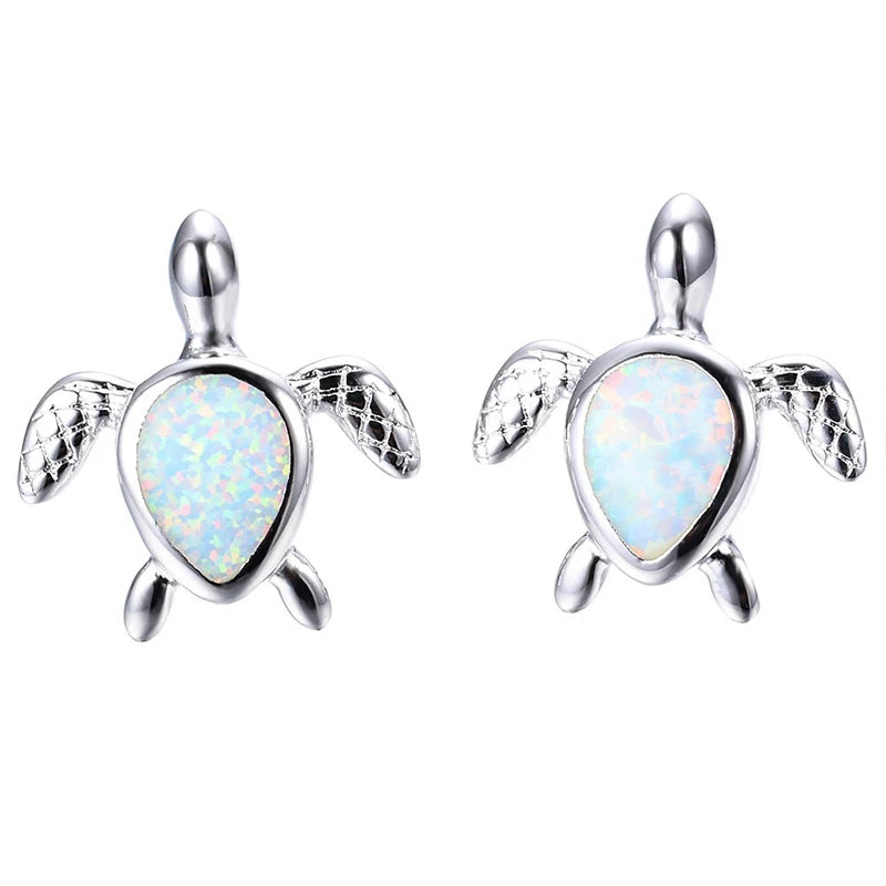 Cute Sea Turtle Stud Earring For Women Fashion Imitation Blue Fire Opal Screw Back Earrings For Women Wedding Band Jewelry Gifts Pi-Mart