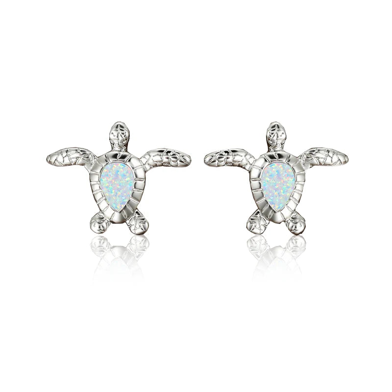 Cute Sea Turtle Stud Earring For Women Fashion Imitation Blue Fire Opal Screw Back Earrings For Women Wedding Band Jewelry Gifts Pi-Mart