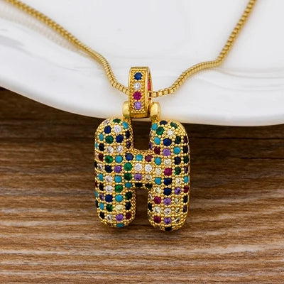 Nidin Fashion Luxury 26 Letters Copper Zircon Pendant Necklace for Women Rainbow Initials Name Necklace Wedding Party Jewelry Pi-Mart