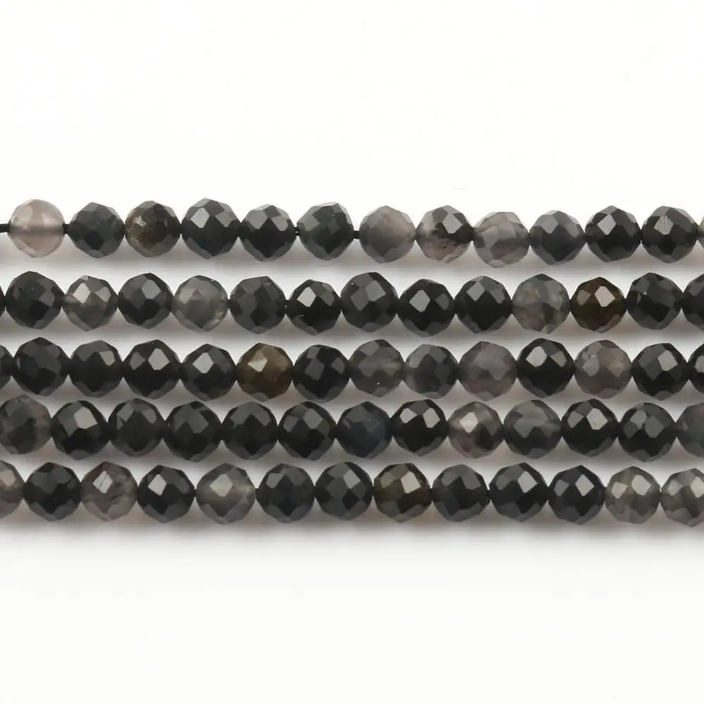 Natural Black Obsidian Stone 2/3/4mm Faceted Loose Round Mineral Beads for Jewelry Making DIY Christmas Gift Bracelets 15inch Pi-Mart