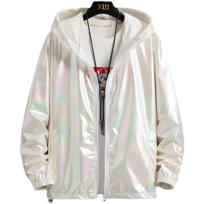 Women Basic Jackets Summer 2026 Colorful Reflective Oversize Thin Windbreaker Women Hooded Jackets Coat Zipper Woman veste femme LadyShow.Store