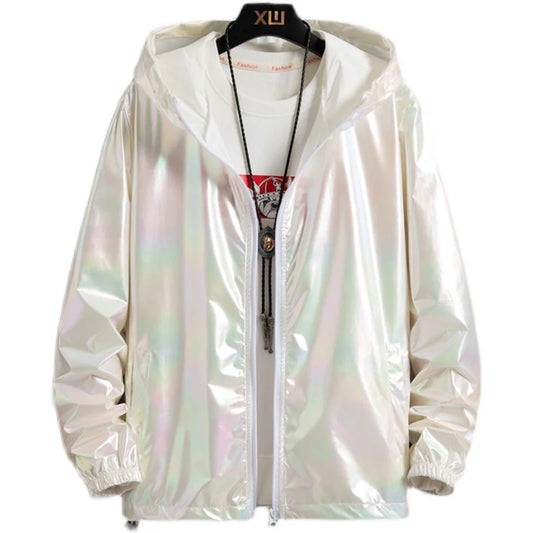 Women Basic Jackets Summer 2026 Colorful Reflective Oversize Thin Windbreaker Women Hooded Jackets Coat Zipper Woman veste femme LadyShow.Store