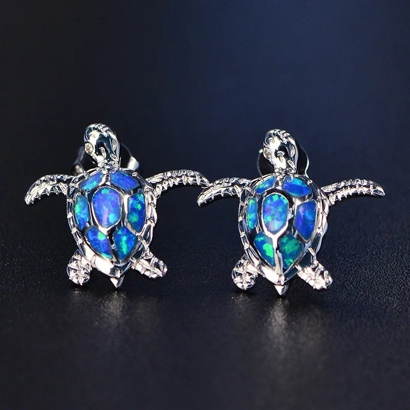 Cute Sea Turtle Stud Earring For Women Fashion Imitation Blue Fire Opal Screw Back Earrings For Women Wedding Band Jewelry Gifts Pi-Mart