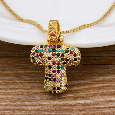 Nidin Fashion Luxury 26 Letters Copper Zircon Pendant Necklace for Women Rainbow Initials Name Necklace Wedding Party Jewelry Pi-Mart