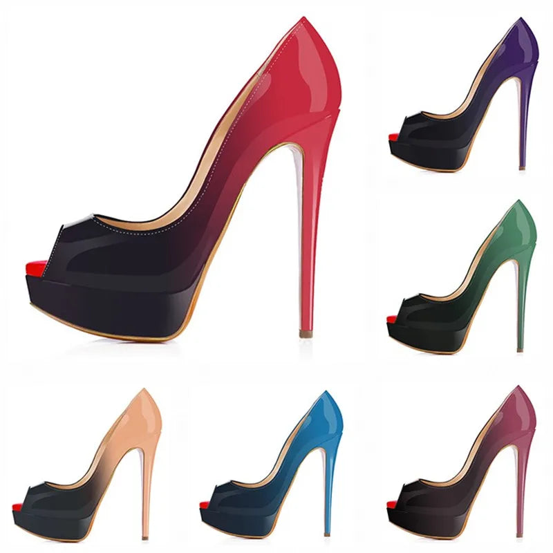 Women Pumps Sexy Platform Peep Toe 14cm Extremely Thin High Heels Stiletto Patent Leather Fashion Party Nighclub Wedding Shoes Pi-Mart