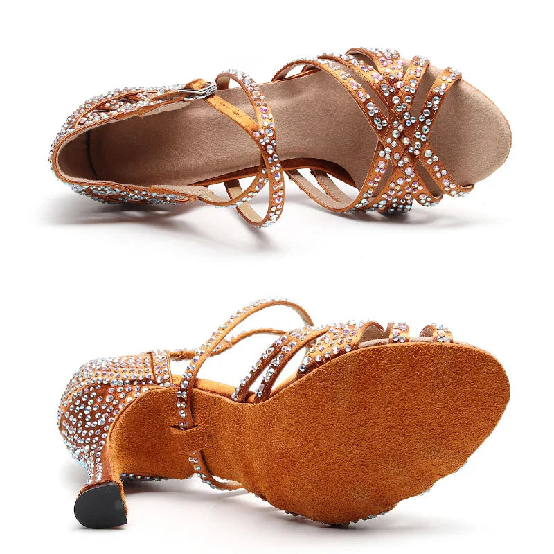 Latin Dance Shoes Ladies Salsa Tango Sneakers Training Dance Shoes High Heel Sandals Summer Square Dance Shoes Bronze Black LadyShow.Store