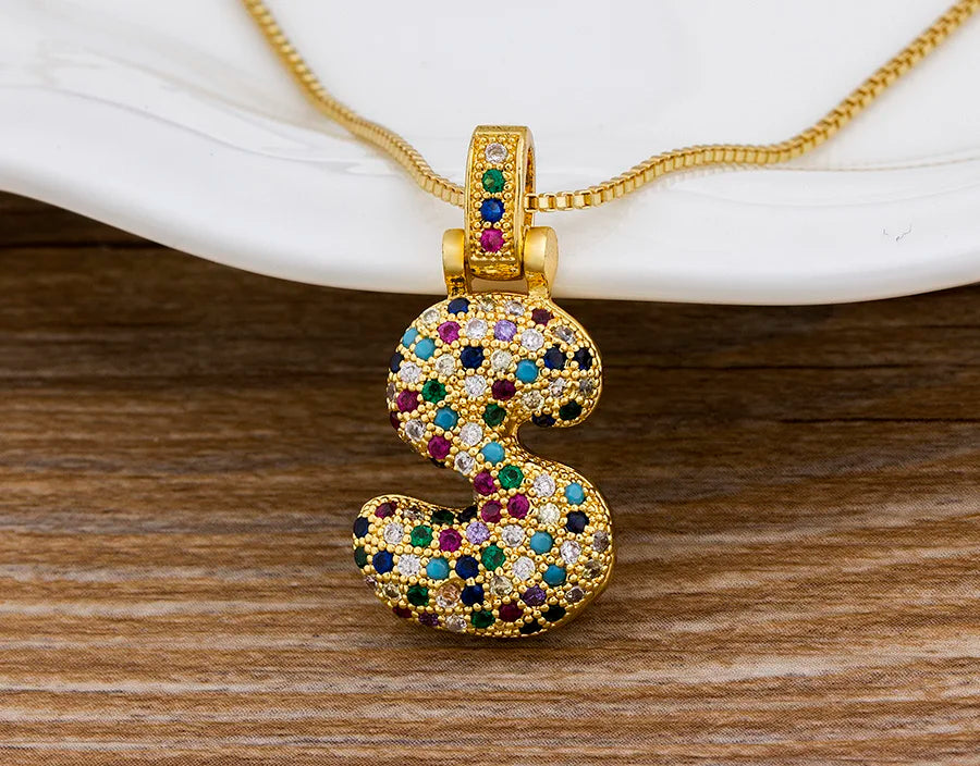 Nidin Fashion Luxury 26 Letters Copper Zircon Pendant Necklace for Women Rainbow Initials Name Necklace Wedding Party Jewelry Pi-Mart