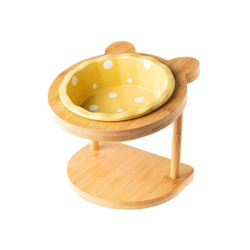 Cute Pets Double Bowl Dog Cat Food Water Feeder Stand Raised Ceramic Dish Bowl Wooden Table Pet Supplies Pi-Mart