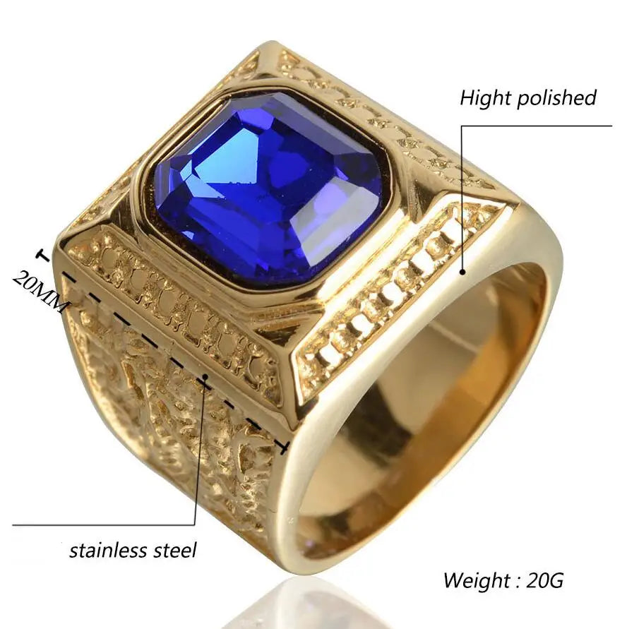 Keisha Lena Gold Plated Titanium Steel Inlay Red Blue Square Stone Men Ring Australian Gem Zirconia Wedding Ring Christmas Gift Pi-Mart