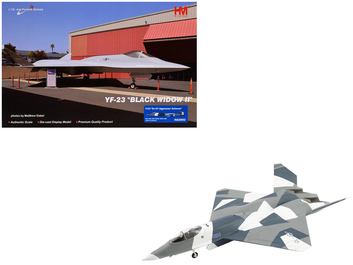 Northrop F-23 Black Widow II Stealth Fighter Aircraft Blue 054 Su-57 Aggressor What If Scheme 65th AGRS Nellis AFB United States Air Force Air Power Series 1/72 Diecast Model by Hobby Master LuxuryLifeWay Online Store