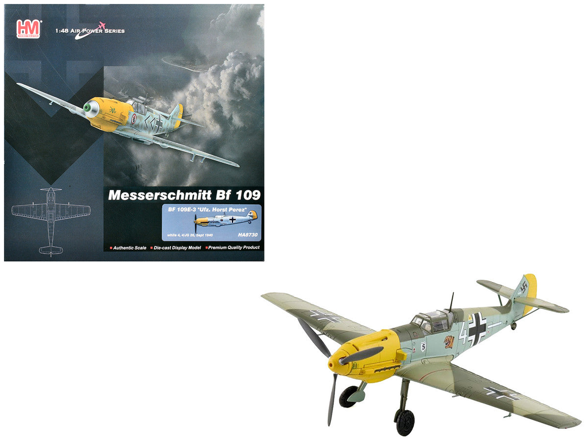 Messerschmitt Bf 109E-3 Fighter Aircraft "White 4 Unteroffizier Horst Perez 4/JG 26" (1940) German Luftwaffe "Air Power Series" 1/48 Diecast Model by Hobby Master LuxuryLifeWay Online Store