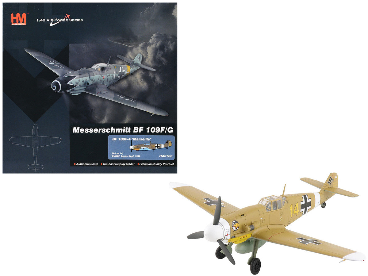 Messerschmitt Bf 109F-4 Fighter Aircraft "Marseille Yellow 14 3./JG27 Egypt" (1942) German Luftwaffe "Air Power Series" 1/48 Diecast Model by Hobby Master LuxuryLifeWay Online Store
