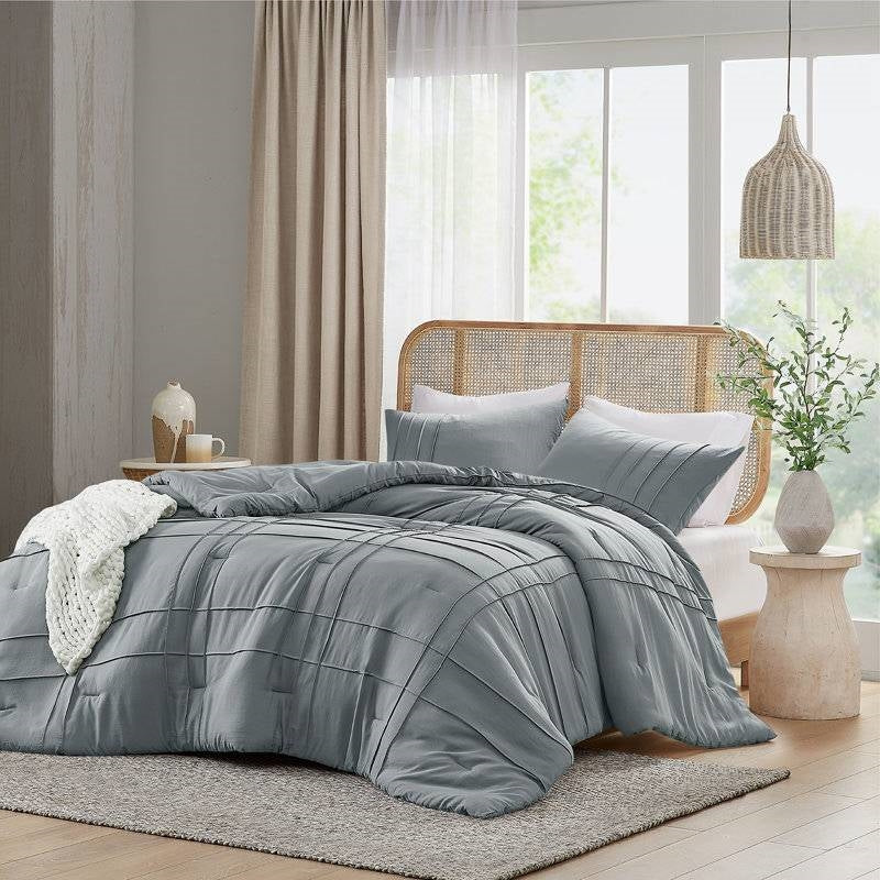 King size Pleated Pre-Washed Microfiber Comforter Set in Blue Grey LuxuryLifeWay Online Store