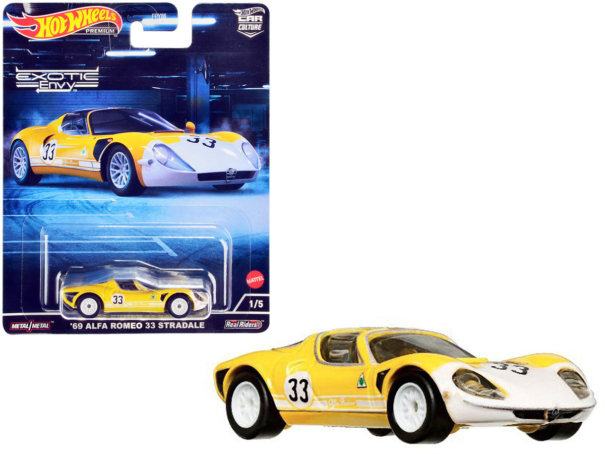 1969 Alfa Romeo 33 Stradale #33 Yellow and White "Exotic Envy" Series Diecast Model Car by Hot Wheels LuxuryLifeWay Online Store