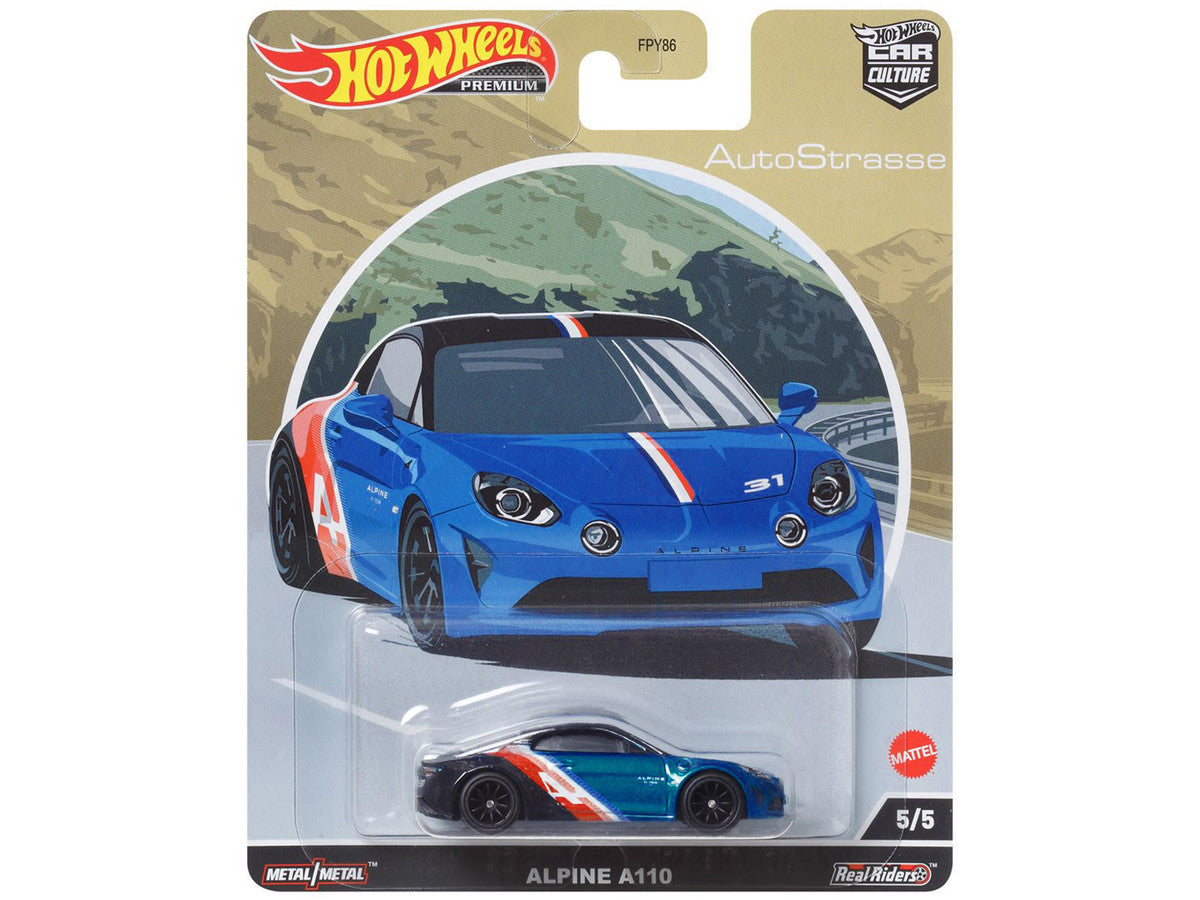 Alpine A110 Blue Metallic and Black with Graphics "Auto Strasse" Series Diecast Model Car by Hot Wheels LuxuryLifeWay Online Store