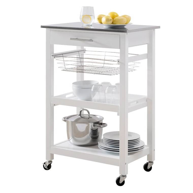 White Stainless Steel Top Kitchen Cart with Drawer and Storage Shelves LuxuryLifeWay Online Store