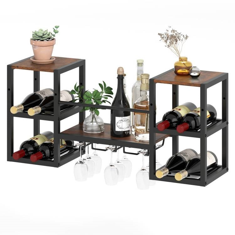 Industrial Wood Metal Wall Mounted Wine Rack Shelf with Glass Holders LuxuryLifeWay Online Store
