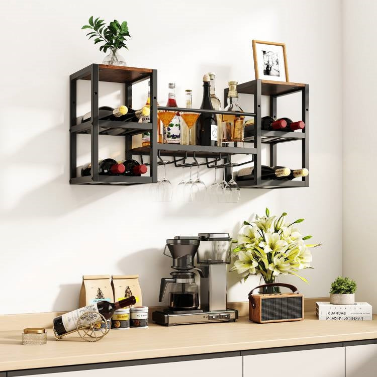 Industrial Wood Metal Wall Mounted Wine Rack Shelf with Glass Holders LuxuryLifeWay Online Store