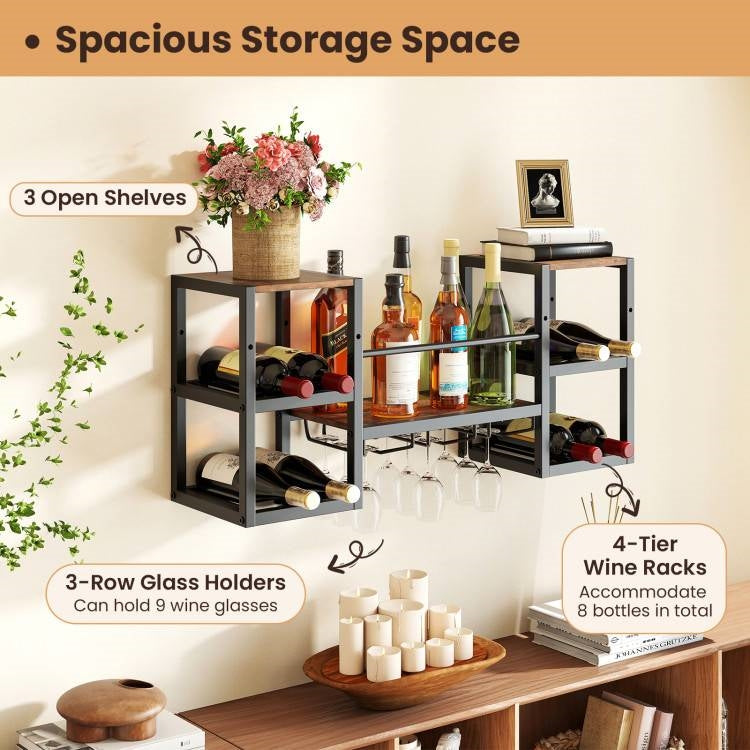 Industrial Wood Metal Wall Mounted Wine Rack Shelf with Glass Holders LuxuryLifeWay Online Store