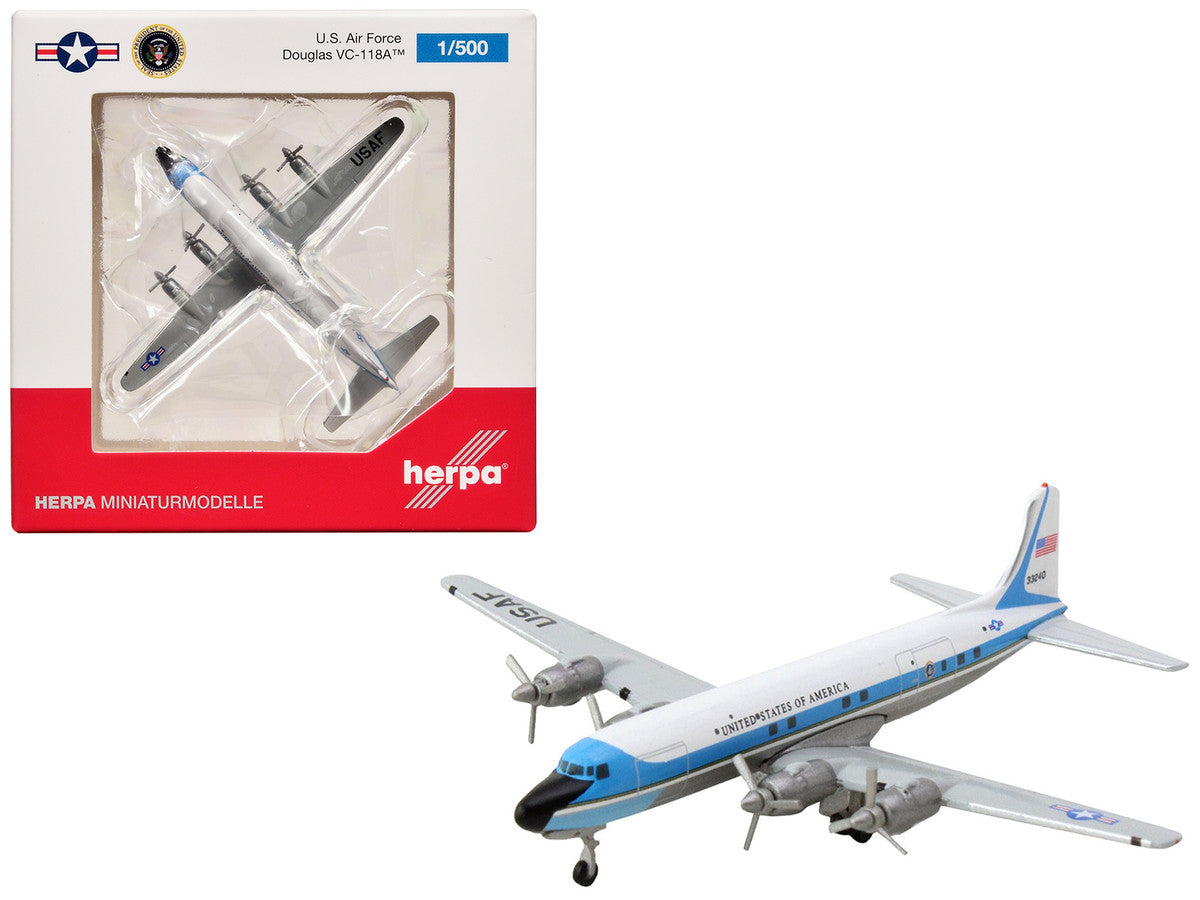 Douglas VC-118A Transport Aircraft "United States Air Force One 1254th Air Transport Wing Andrews Air Base" (53-3240) White with Blue Stripes 1/500 Diecast Model Airplane by Herpa LuxuryLifeWay Online Store