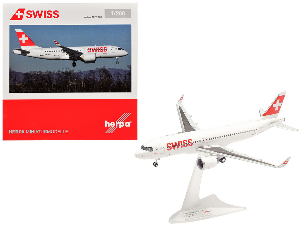 Airbus A220-100 Commercial Aircraft "Swiss International Air Lines" (HB-JBH) White with Red Tail 1/200 Diecast Model Airplane by Herpa LuxuryLifeWay Online Store