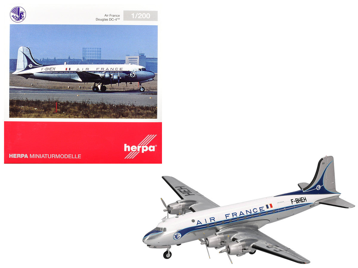 Douglas DC-4 Commercial Aircraft "Air France" (F-BHEH) White with Blue Stripes 1/200 Diecast Model by Herpa LuxuryLifeWay Online Store