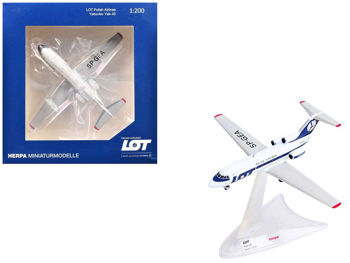 Yakovlev Yak-40 Commercial Aircraft "LOT Polish Airlines" (SP-GEA) White with Blue Stripes and Tail 1/200 Diecast Model by Herpa LuxuryLifeWay Online Store
