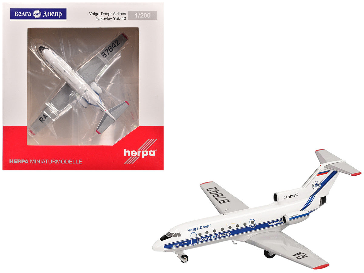 Yakovlev Yak-40 Commercial Aircraft "Volga-Dnepr Airlines" (RA-87842) White with Blue Stripes 1/200 Diecast Model Airplane by Herpa LuxuryLifeWay Online Store