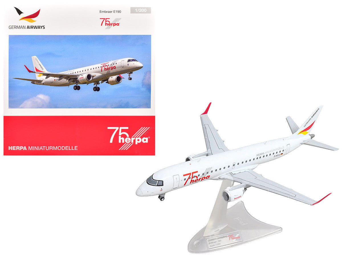 Embraer E190 Commercial Aircraft "German Airways - Herpa 75 Years" (D-ACJJ) White with Graphics 1/200 Diecast Model by Herpa LuxuryLifeWay Online Store
