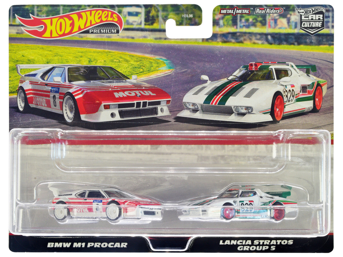 BMW M1 Procar #8 White with Red Stripes and Lancia Stratos Group 5 #829 White with Stripes "Car Culture" Set of 2 Cars Diecast Model Cars by Hot Wheels LuxuryLifeWay Online Store
