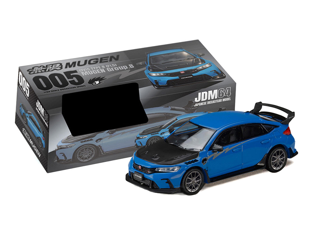 Honda Civic Type R (FL5) RHD (Right Hand Drive) Racing Blue Pearl with Carbon Hood "MUGEN Group B" (2025) "JDM64" Series 1/64 Diecast Model Car by Hobby Japan LuxuryLifeWay Online Store