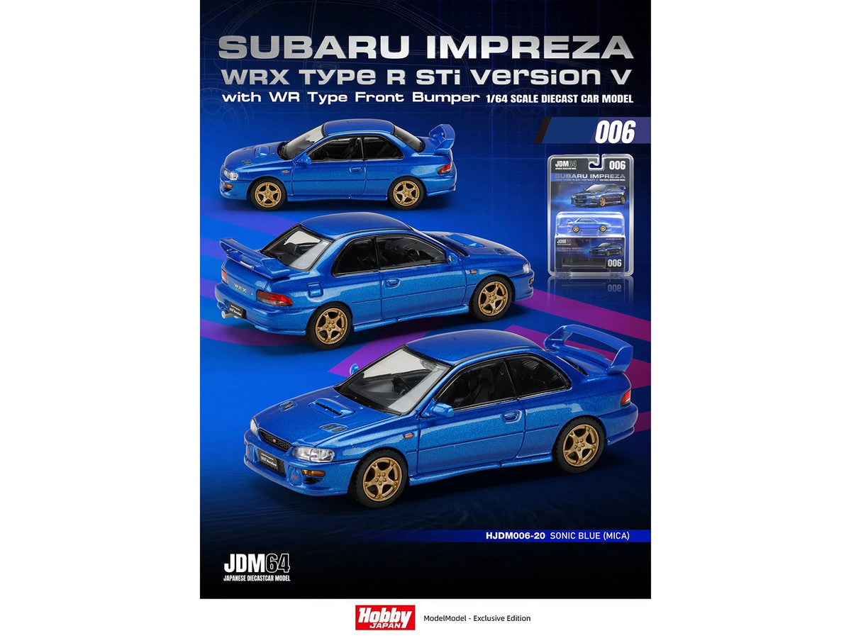 Subaru Impreza WRX Type R Sti Version V RHD (Right Hand Drive) Sonic Blue Mica "JDM64" Series 1/64 Diecast Model Car by Hobby Japan LuxuryLifeWay Online Store