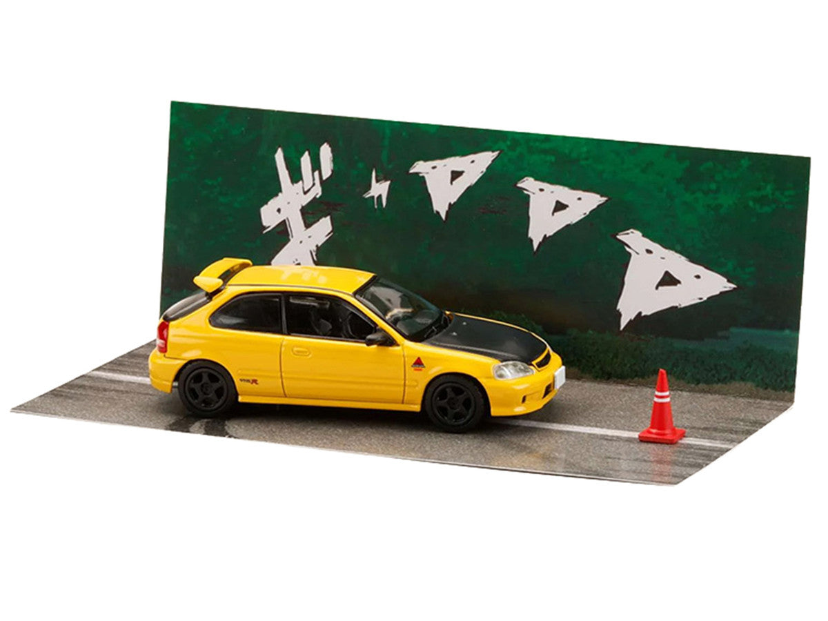 Honda Civic (EK9) RHD (Right Hand Drive) Yellow with Carbon Hood "Initial D" (1995-2013) Manga "Diorama Set Series" 1/64 Diecast Model car by Hobby Japan LuxuryLifeWay Online Store