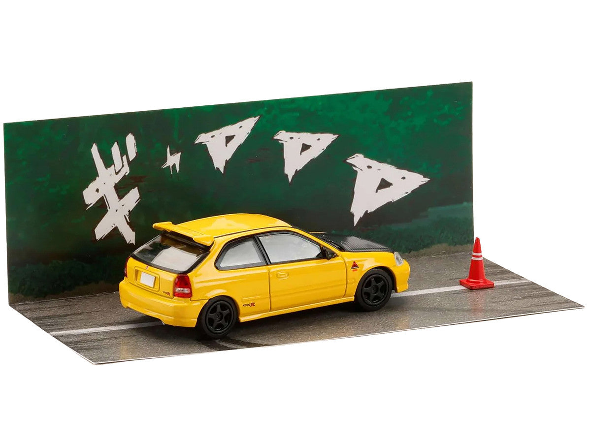 Honda Civic (EK9) RHD (Right Hand Drive) Yellow with Carbon Hood "Initial D" (1995-2013) Manga "Diorama Set Series" 1/64 Diecast Model car by Hobby Japan LuxuryLifeWay Online Store