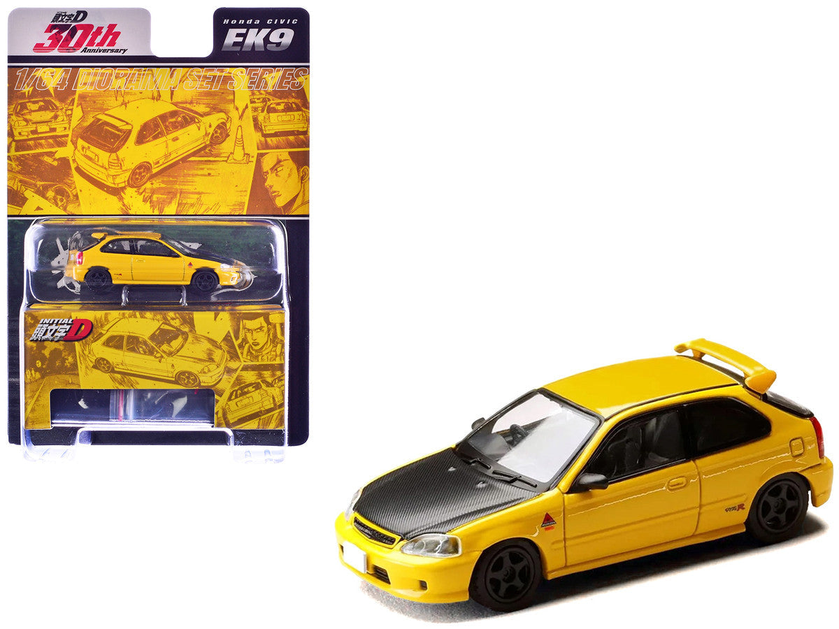 Honda Civic (EK9) RHD (Right Hand Drive) Yellow with Carbon Hood "Initial D" (1995-2013) Manga "Diorama Set Series" 1/64 Diecast Model car by Hobby Japan LuxuryLifeWay Online Store