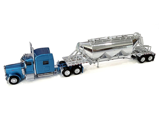 Peterbilt 389 Truck Tractor with Sleeper Cab Blue Metallic and Pneumatic Tank Trailer Chrome Combo Set 1/87 (HO) Plastic Model Car by HO Logistics LuxuryLifeWay Online Store